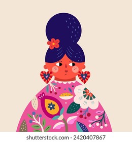 Pancarta de colores vivos con el rostro de la mujer para la fiesta del Día de la Mujer. Diseño de personajes para el 8 de marzo, día de la mujer.