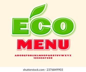Vector bright concept Eco Menu. Creative Red Font. Modern Alphabet Letters and Numbers set. 
