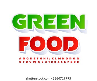 Vektor helles Konzept Green Food. Roter Sticker Schriftart. Kreative Alphabet-Buchstaben, Zahlen und Symbole.