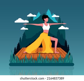 Vector bright concept illustration of a yogi girl, is engaged in meditation and yoga in the mountains. Yoga practice. Young and happy woman meditating