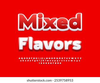 Vector concepto brillante sabores mezclados. Elegante fuente blanca y roja. Conjunto de letras y números del alfabeto moderno. 