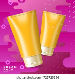 Vector bright cream advertisement with abstract memphis style radiant gradient liquid and geometric shapes.