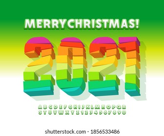 Vector bright creative greeting card Merry Christmas 2021! Green and White modern Font. Creative Alphabet Letters and Numbers set