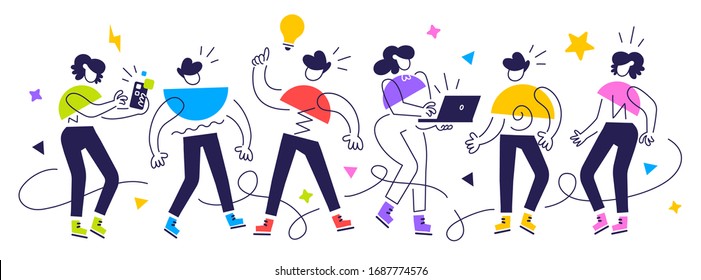 Vector bright creative illustration of crowd of geometric happy people on white background. Communication of group of business man and woman character. Flat line art style design for web banner