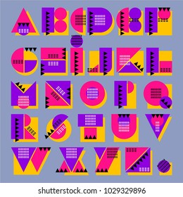 Vector bright decorative alphabet in the style of the memphis. Alphabet for logo design, title, lettering.