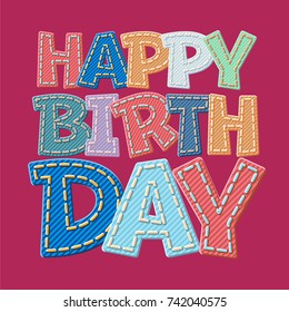Vector bright denim styl Happy Birthday greeting card with stitches