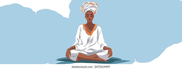 Vector bright design of international yoga day with place for text. A beautiful woman in a headscarf meditates. Practice body poses in yoga. Celebrating Yoga Day. Banner, poster or greeting card.