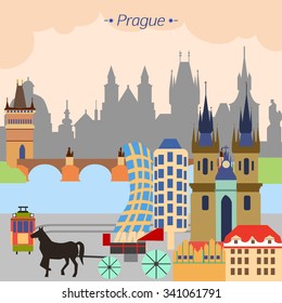 Vector bright detailed illustration of city Prague on river, Czech Republic in abstract flat design style. 