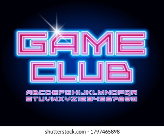 Vector bright digital sign Game Club. Techno style Font. Neon electric Alphabet Letters and Numbers set
