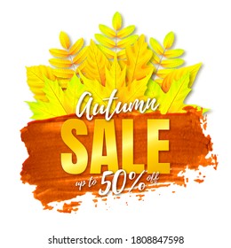 Banner de descuento brillante vectorial con texto de Autumn Sale sobre un trazo de pincel rojo realista con hojas amarillas aisladas en fondo blanco.