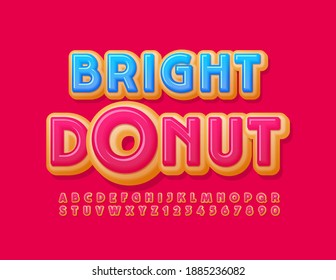Vektor Bright Donut Alphabet Set. Rosa Glasierte Schriftart. süße kreative Buchstaben und Zahlen