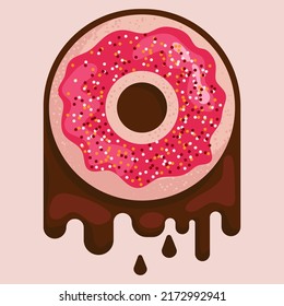 Vector bright donut. Baking with colorful sprinkles and pink icing. Donut with hole in middle. Dripping chocolate background. Simple modern design. Realistic vector