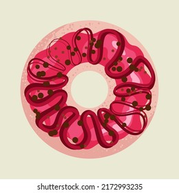 Vector bright donut with caramel. Baking with chocolate sprinkles and pink icing. Donut with hole in middle. Dripping chocolate background. Simple modern design. Realistic vector
