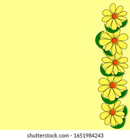 Vector bright doodle floral vertical border and place for text. Style is flat, field daisies, yellow background. For printing on covers, in books, notebooks, bags.