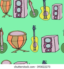 Vector bright doodles seamless texture with hand-drawn musical instruments. Background template for web design, wallpaper, covers, booklets.