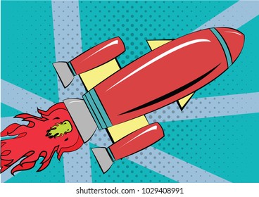 Vector bright dynamic cartoon illustration. Pop Art style. the missile flies