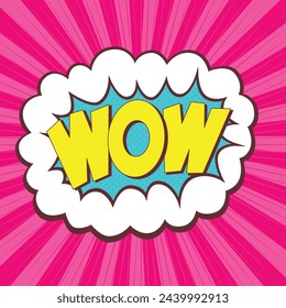 Vector bright dynamic cartoon illustration in retro pop art style. Comic speech bubble with expression text WOW