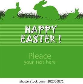 Vector bright Easter card with an inscription on striped green background and rabbits in the grass on a white background