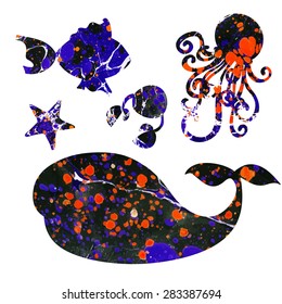 Vector bright ebru silhouette of marine creatures 