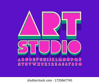 Vector bright emblem Art Studio. Creative 3D Font. Trendy Alphabet Letters and Numbers