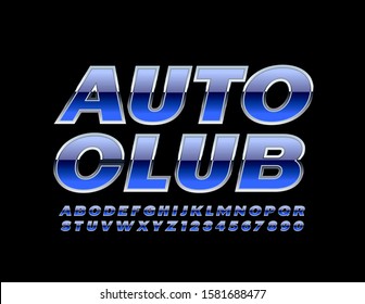 Vector bright Emblem Auto Club. Glossy Stylish Font. Chic Blue and Silver Alphabet Letters.