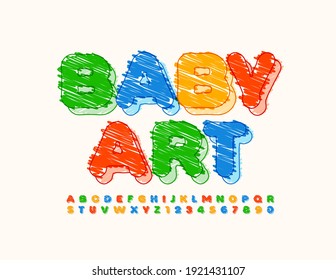 Vector bright Emblem Baby Art. Creative pencil Font. Colorful Alphabet Letters and Numbers set
