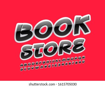 Vector bright Emblem Book Store. Creative Glossy Font. Modern Alphabet Letters and Numbers.