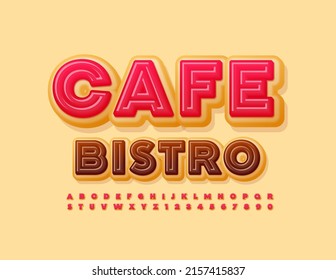 Vector bright Emblem Cafe Bistro with Red glazed Font. Sweet Donut Alphabet Letters and Numbers set