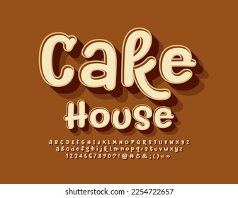 Vector bright Emblem Cake House. Retro style Font. Artistic Alphabet Letters and Numbers set