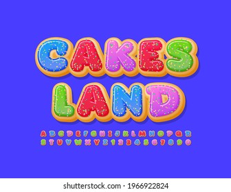 Vector bright emblem Cakes Land with Tasty Donut Font. Colorful Alphabet Letters and Numbers with Sugar Sprinkles