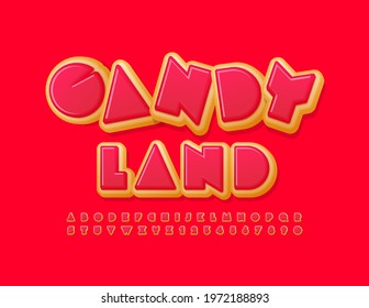 Vector bright emblem Candy Land with Creative Donut Font. Pink glazed Alphabet Letters and Numbers set