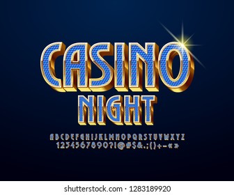 Vector bright emblem Casino Night. Luxury Blue and Golden Font. Set of stylish Letters, Numbers and Symbols.