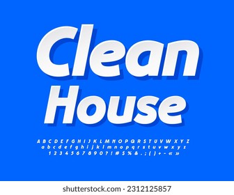 Vector bright Emblem Clean House. Modern creative Alphabet Letters, Numbers and Symbols set. White sticker Font