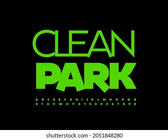 Parque de limpieza de Emblem brillante vectorial. Tipo De Letra Moden Stylish. Letras y números de alfabeto artístico verde.