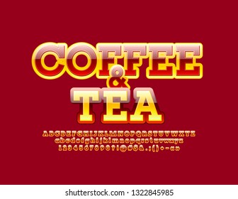 Vector bright emblem Coffee and tea with Red and Yellow glossy Alphabet Letters set. Trendy Font for Marketing, Business, Promotion design