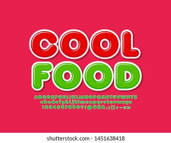 Emblema vectorial brillante Comida fresca con fuente verde. Letras, números y símbolos de alfabetos creativos