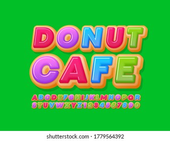 Vektor helles Emblem Donut Cafe. Süße Kuchenschrift. Bunte leckere Alphabet-Letters und -Zahlen