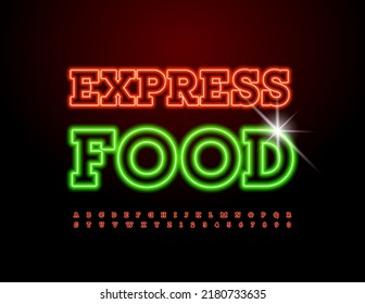 Vektor helles Emblem Express Food. Neon Red Font. Leuchtende Alphabet-Buchstaben und -Zahlen-Set
