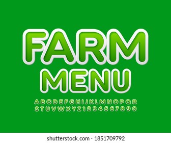 Vectorhelle Emblem Farm Menu. Sticker kreativer Schriftart. Moderne Alphabet-Buchstaben und -Zahlen