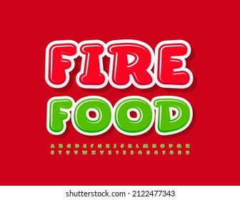 Vector bright emblem Fire Food. Green modern Font. Glossy creative Alphabet Letters and Numbers set