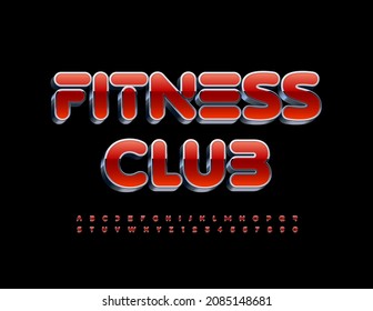 Vector bright Emblem Fitness Club. Red and Silver Unique Font. Artistic Alphabet Letters and Numbers set.