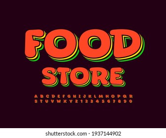 Vector bright Emblem Food Store. Layered Colorful Font. Creative 3D Letters and Numbers set