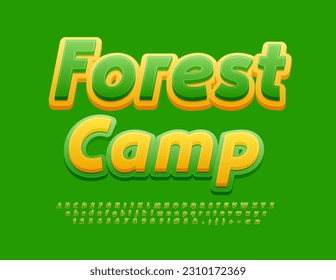 Vector bright Emblem Forest Camp. Creative Font. Modern Alphabet Letters and Numbers set