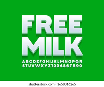 Vector Bright Emblem Free Milk With White Alphabet Letters And Numbers. Modern 3D Font.