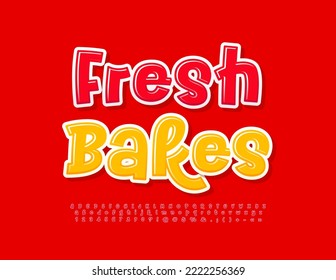 Emblema vectorial brillante Fresh Bakes. Tipo de letra rojo lúgubre. Conjunto de letras y números de alfabeto manuscritos