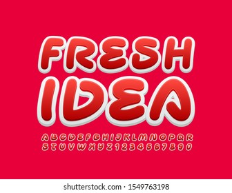Vector bright emblem Fresh Idea. Creative Uppercase Font. Red and White Handwritten Alphabet