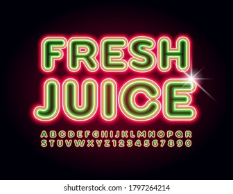 Emblema vectorial brillante Jugo fresco. Fuente Neon verde y roja. Juego de letras y números de alfabeto eléctrico