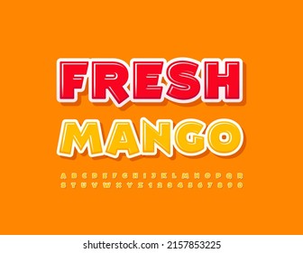 Vector bright emblem Fresh Mango.  Modern Glossy Font. Creative Alphabet Letters and Numbers set