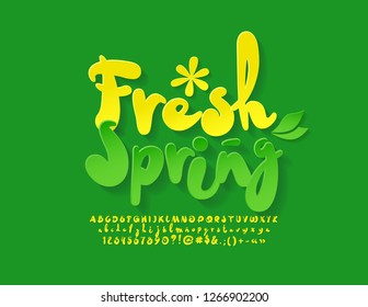 Vector Bright Emblem Fresh Spring With Handwritten Font. Set Of Playful  Alphabet Letters, Numbers And Symbols.