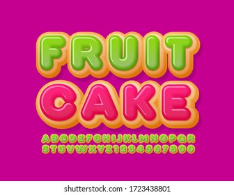 Vector Bright Emblem Fruit Cake With Green Icing Font. Tasty Donut Alphabet Letters And Numbers